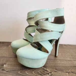 Qupid Strapped Faux Suede Women's Size 7.5 Seafoam Open Toe Stiletto Heel Shoes